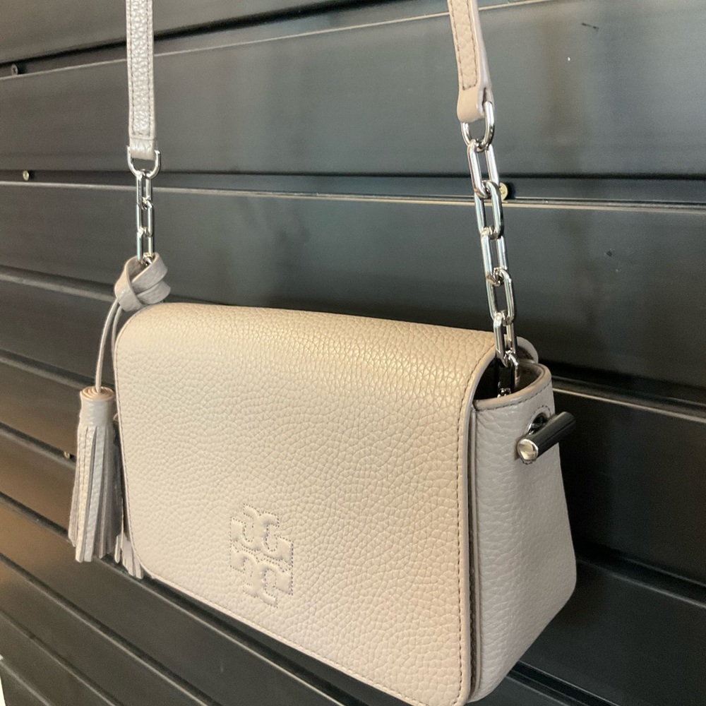 Tory Burch Pebbled Leather Tassel Crossbody in Light Taupe